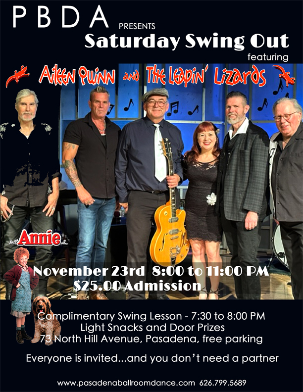 AILEEN QUINN & HER LEAPIN’ LIZARDS SWING BAND, Saturday Night, NOV. 23rd, at PBDA!